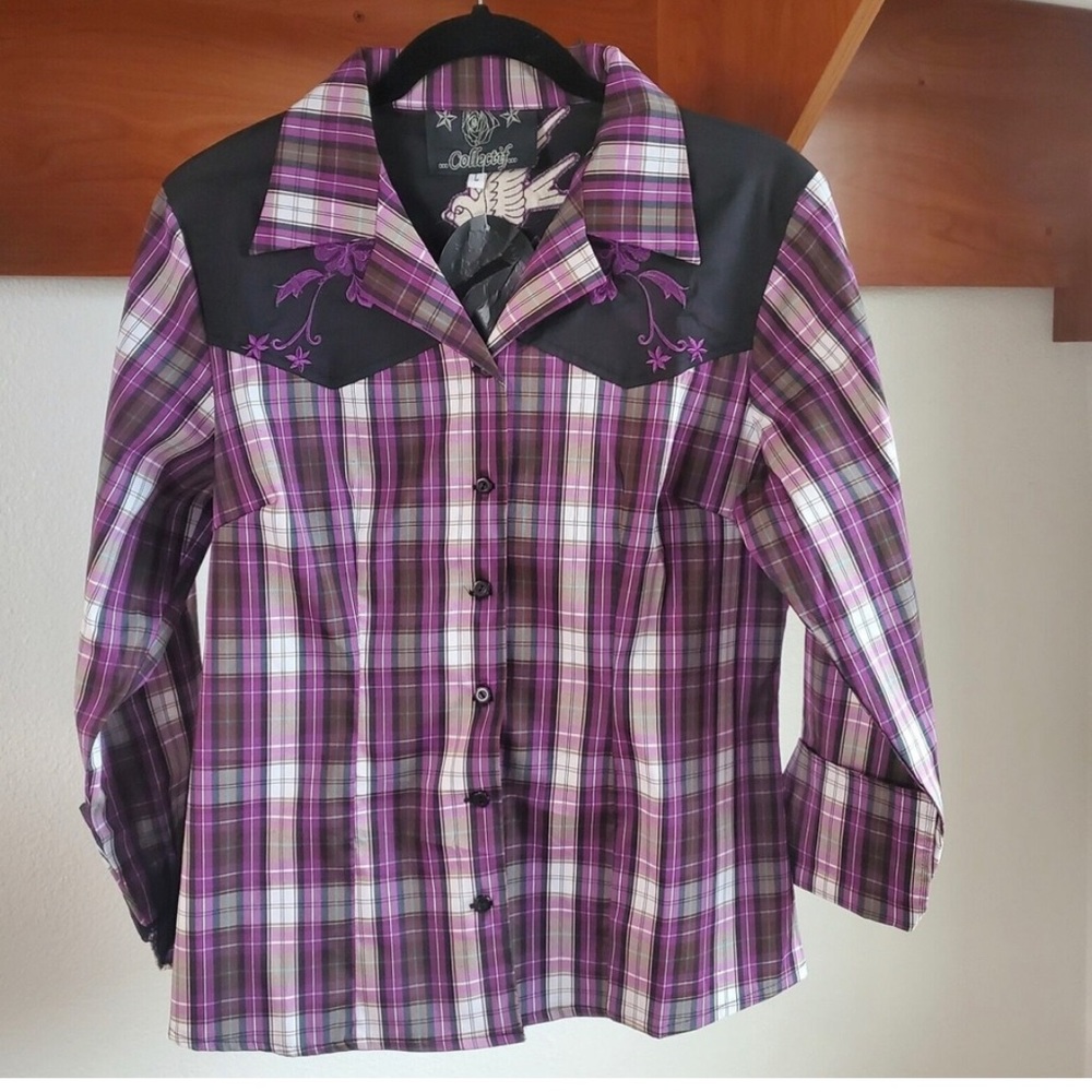 NEW Collectif Dock Shirt Large Women's Embroidered Purple Plaid Button Up Pinup